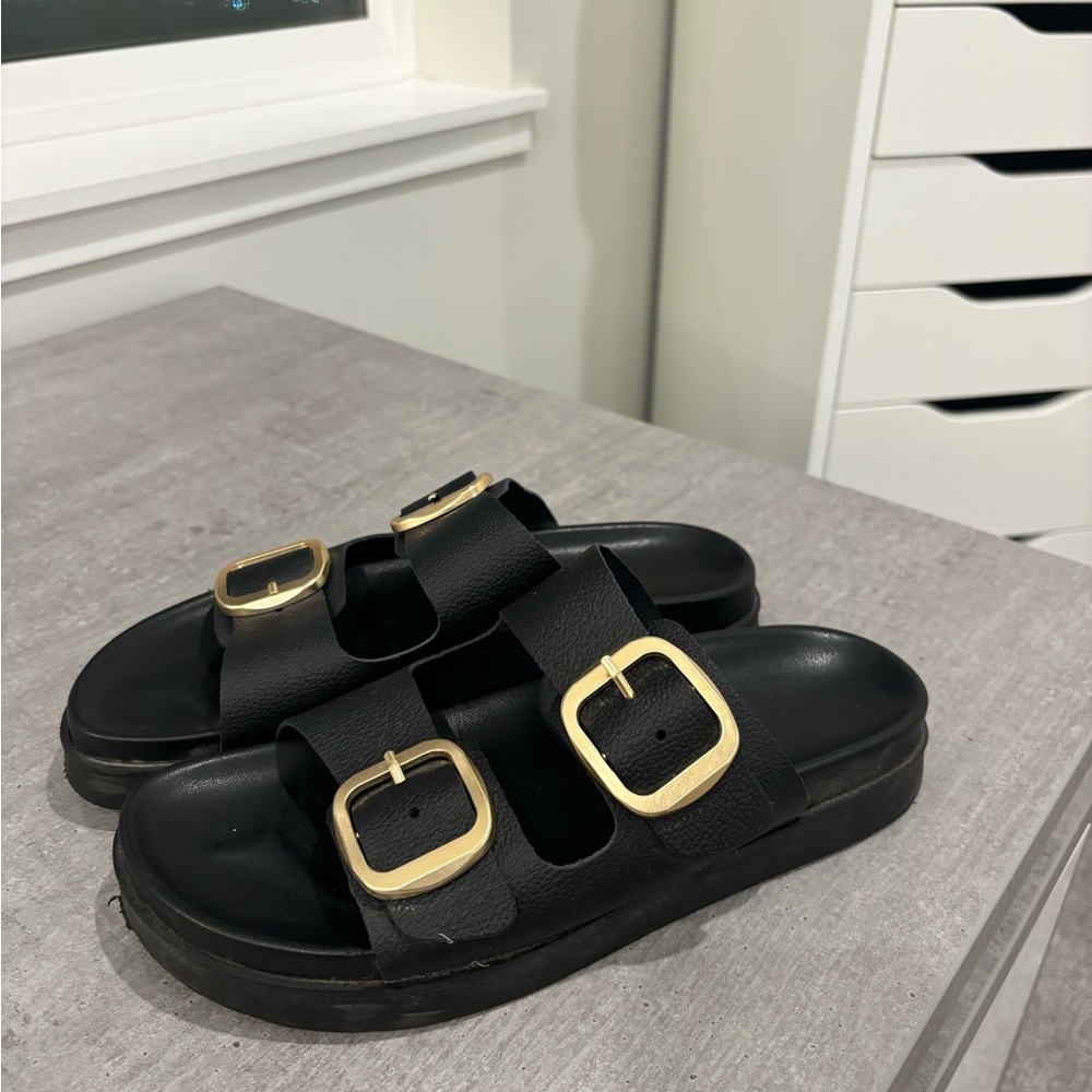 Women's Black Double-Buckle Slide Sandals with Gold Buckles